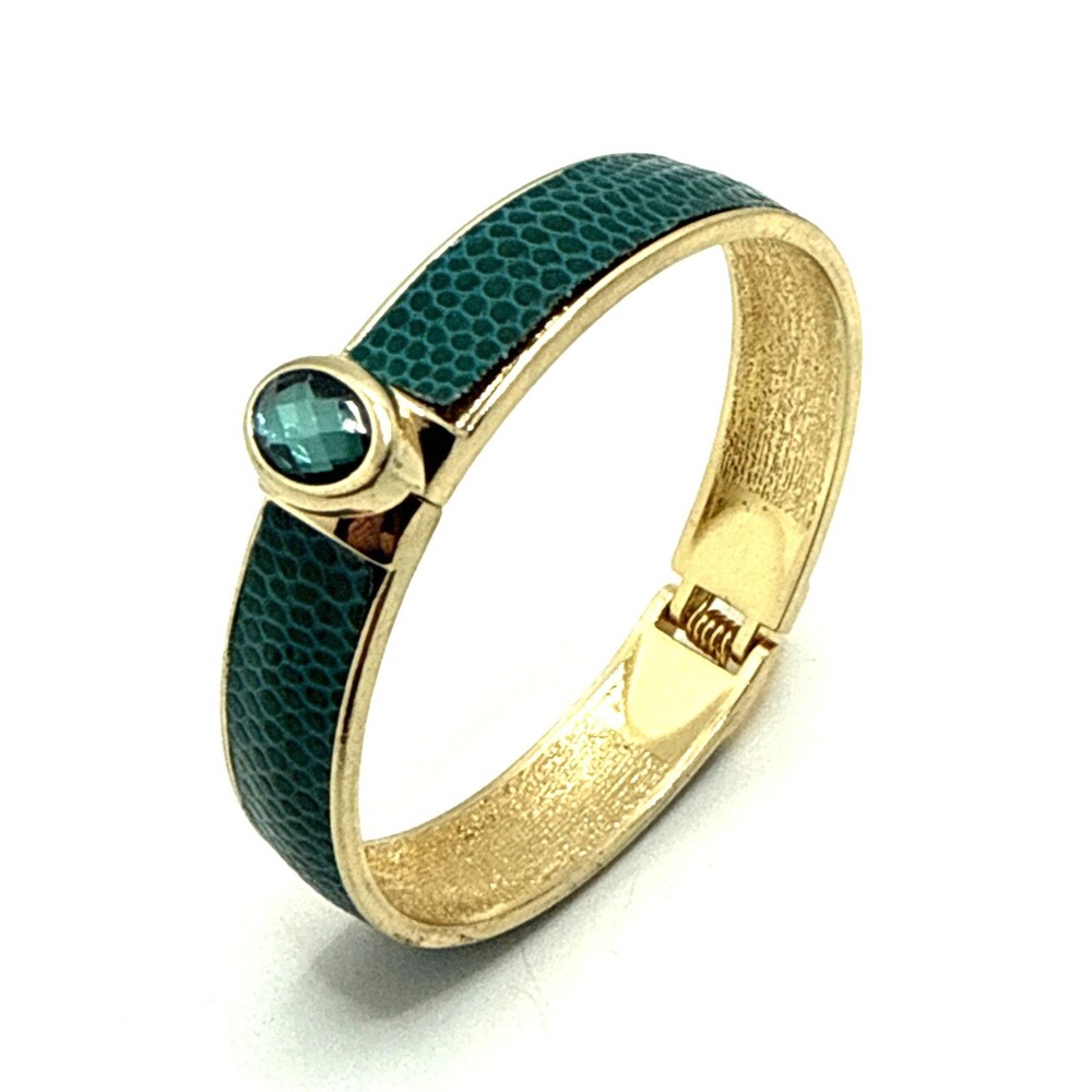 Vintage Blue Green Faux Snakes Skin Hinged Bracelet Rhinestone Gold Tone 8"